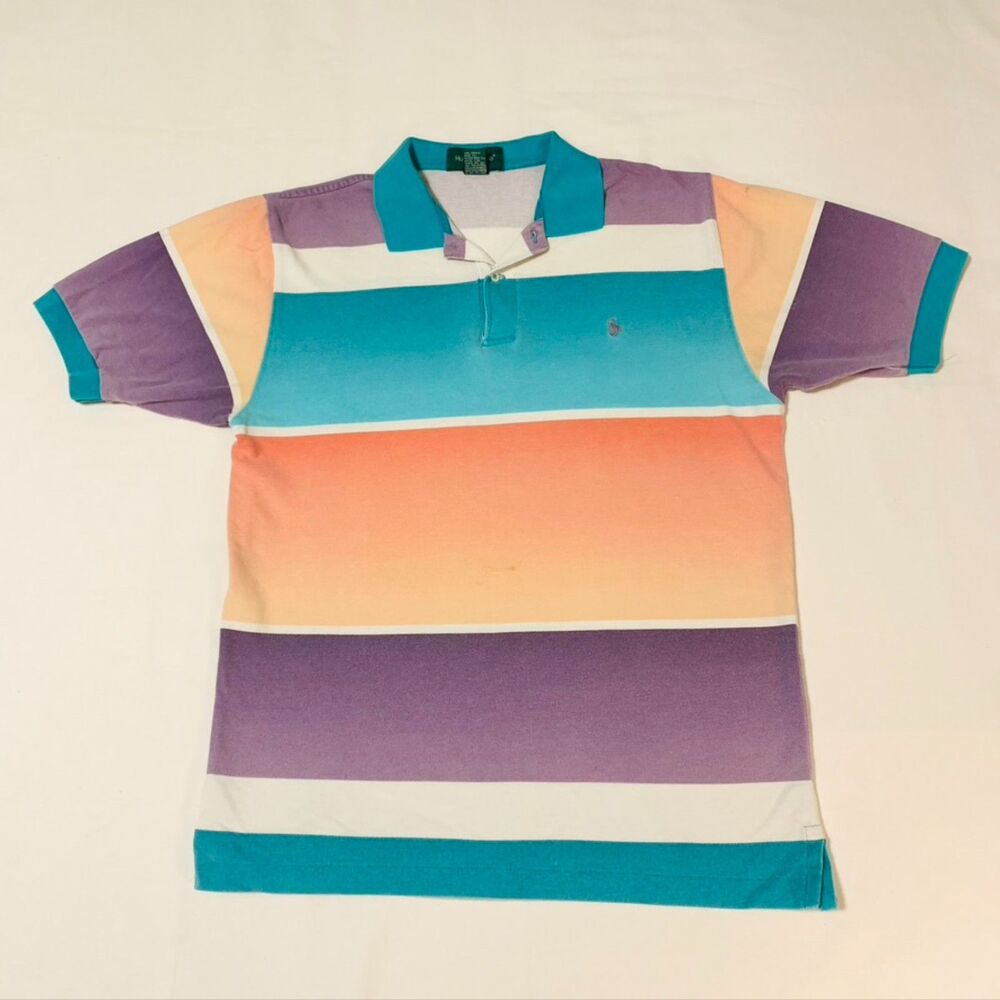 Vintage Hunt Club Striped Polo Shirt – Light Blue, Orange, & Purple – Size M